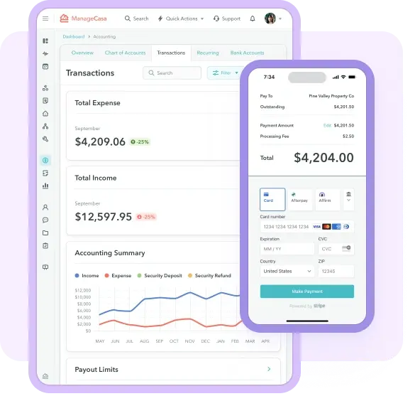 ManageCasa accounting dashboard and mobile payment screen showing income, expenses, and secure online payment options for property owners.