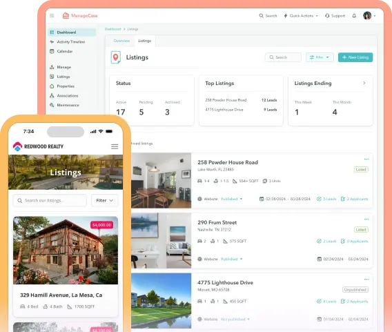ManageCasa property listings dashboard and mobile app view showing rental properties, active listings, and real estate management tools. ManageCasa property listings dashboard and mobile app view showing rental properties, active listings, and real estate management tools.