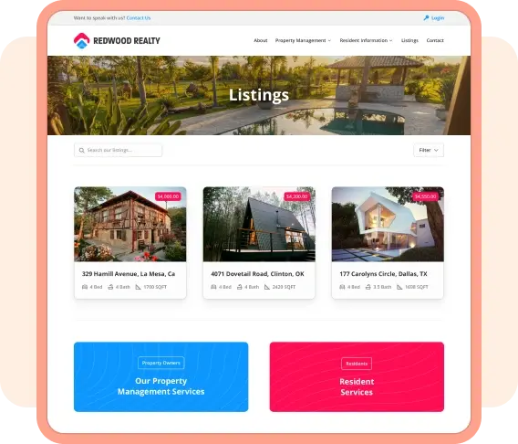 Redwood Realty listings webpage showing featured rental homes with prices, bedrooms, and property details under ManageCasa’s platform. Redwood Realty listings webpage showing featured rental homes with prices, bedrooms, and property details under ManageCasa’s platform.