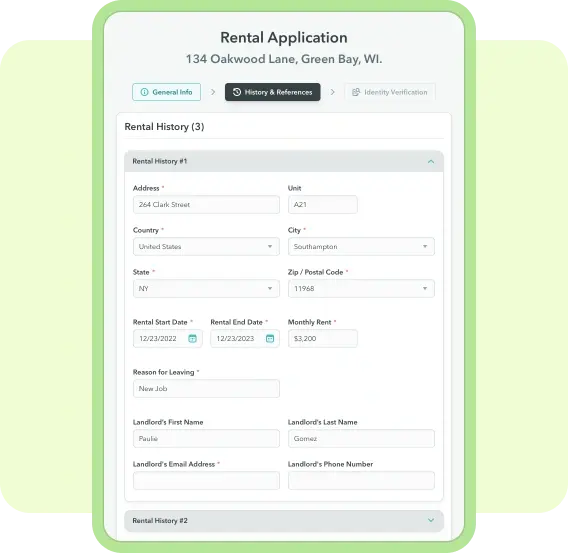 ManageCasa rental application form showing tenant history, references, and landlord details for seamless rental management and applicant verification. ManageCasa rental application form showing tenant history, references, and landlord details for seamless rental management and applicant verification.