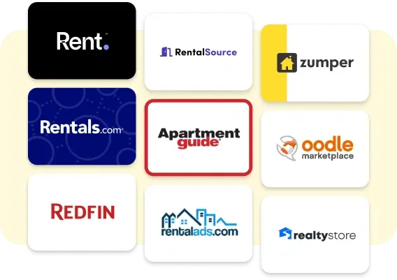 Partner network logos for rental and property listing integrations including Rent.com, Zumper, Redfin, Rentals.com, and Apartment Guide. Partner network logos for rental and property listing integrations including Rent.com, Zumper, Redfin, Rentals.com, and Apartment Guide.