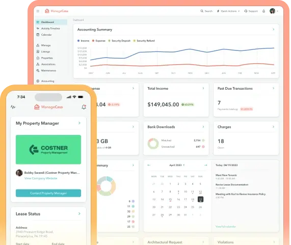 ManageCasa dashboard showing accounting summary, transactions, and property manager contact info on desktop and mobile view.