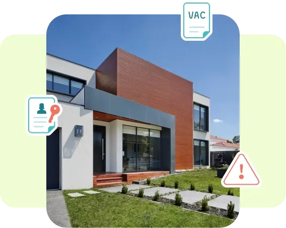 Modern residential property exterior with vacancy, tenant, and alert icons representing active property management and maintenance tracking.