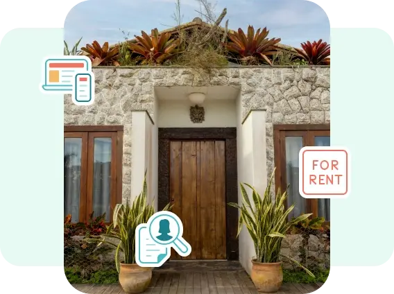 Front view of a stylish stone house with wooden door and potted plants, featuring icons for rental listing, tenant profiles, and property marketing tools.