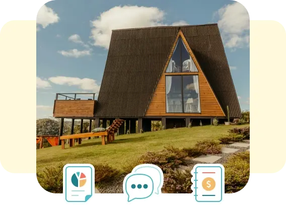 Modern A-frame vacation rental house with icons symbolizing financial tracking, communication, and performance analytics in property management.