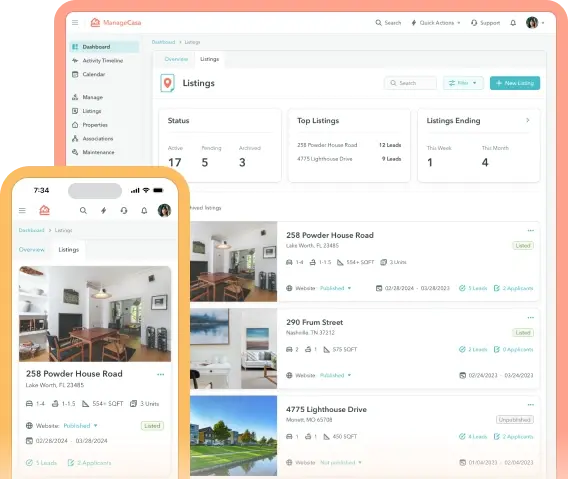 Property listings dashboard on ManageCasa showing available rental units, pricing, and applicant details across desktop and mobile views.